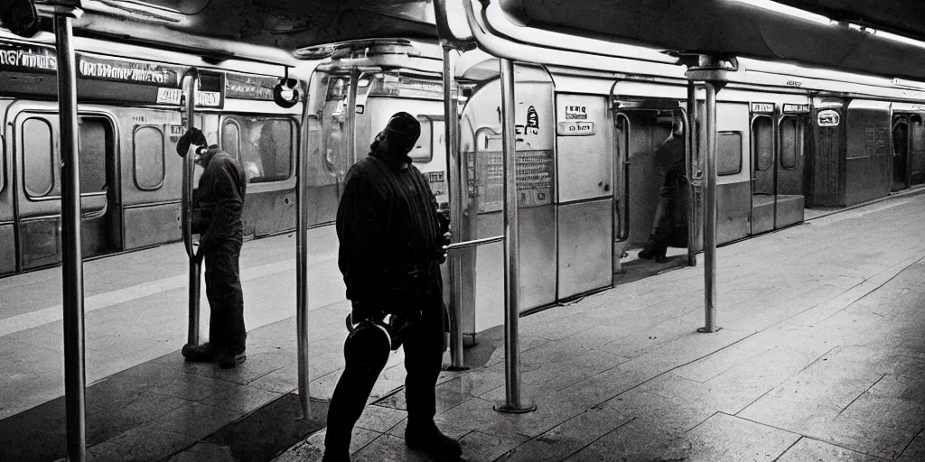 Prompt: welder wearing welding masks in the subway, by richard avedon, ominous lighting, tri - x pan stock