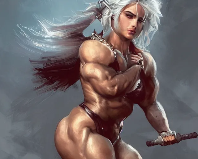 Image similar to portrait of ciri as a beautiful female bodybuilder amazon with plump lips, elegant, fantasy, hd shot, digital portrait, beautiful, artstation, comic style, by artgerm, guy denning, jakub rozalski, magali villeneuve and charlie bowater