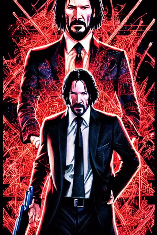 Image similar to poster of john wick, by yoichi hatakenaka, masamune shirow, josan gonzales and dan mumford, ayami kojima, takato yamamoto, barclay shaw, karol bak, yukito kishiro, highly detailed