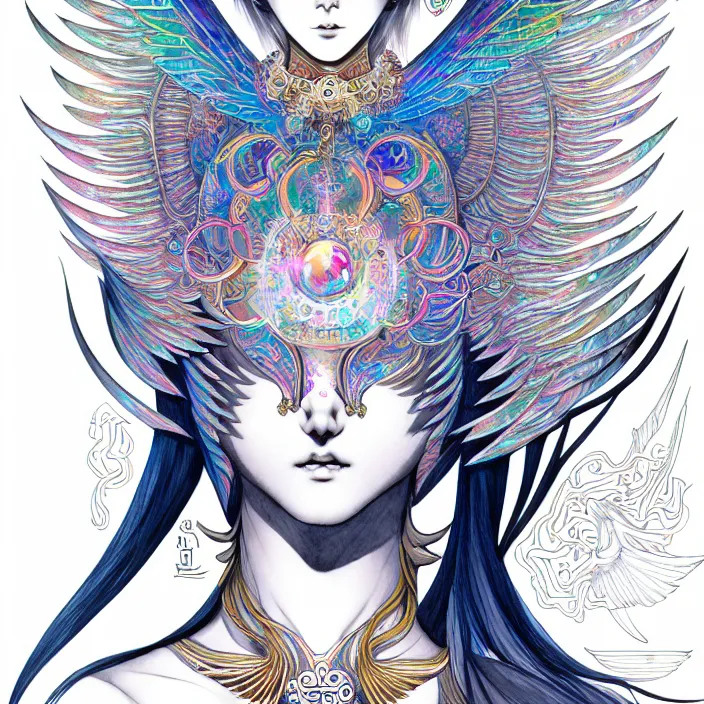 Image similar to stylized art of an psychedelic angelic celestial being by jung gi kim, trending on pixiv, anime style, winged head, white gold skin, ayahuasca, sacred geometry, esoteric art, watercolor