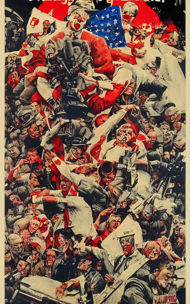 Image similar to clown fight, in the style of norman rockwell, cold war, propaganda poster, sci - fi illustrations, highly detailed, award - winning, patriotic, soviet, ussr, dark, gritty, ink