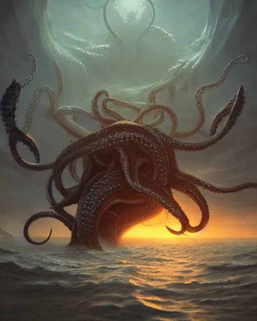 Image similar to An invisible Kraken in the middle of the sea, fantasy art, in the style of greg rutkowski, illustration, epic, fantasy, intricate, hyper detailed, artstation, concept art, smooth, sharp focus, ray tracing