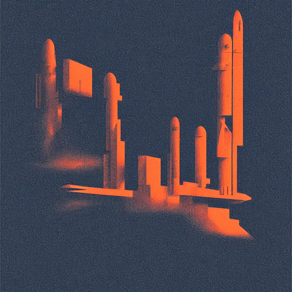 Image similar to spacex launch by, mads berg, karolis strautniekas, film noir, stippled light, dramatic lighting, editorial illustration, detailed, fine texture, matte print, art deco, brutalism, dark blue + dark orange, red, black, ( ( habitat 6 7 background ) )