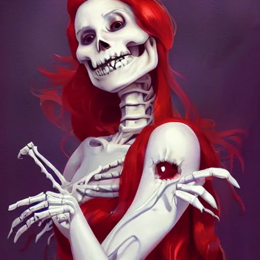 Image similar to cute & beautiful smug smiling undead skeleton girl with very attractive face and red hair dressed as a scientist, elegant, digital art, fullbody painting, fantasy, pixar style, painting, pin up, highly detailed, artstation, art by artgerm, vrubel, greg rutkowski, ilya kuvshinov, raymond swanland
