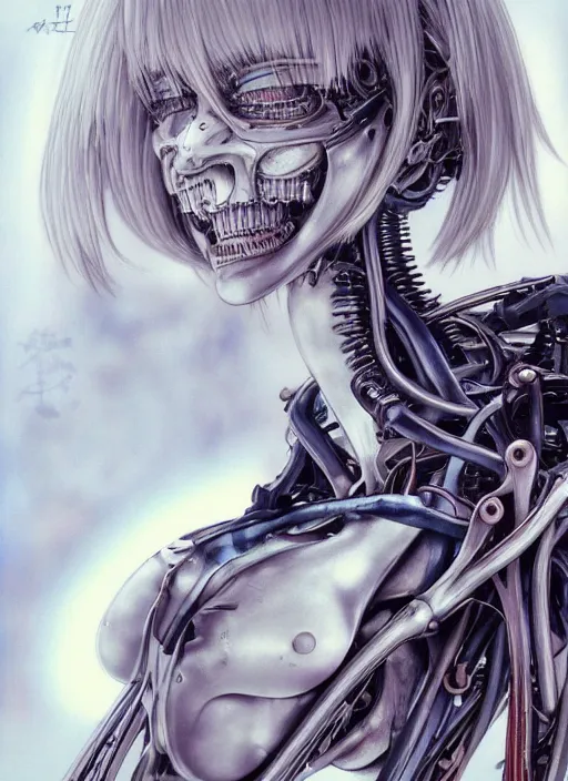 Image similar to Rei Ayanami by Yoshitaka Amano, by HR Giger, biomechanical, profile portrait, 4k, wide ayes, hyper detailed, hyperrealism, anime, a Blood Moon rising on a Broken World 4k very detailed deviantart artstation