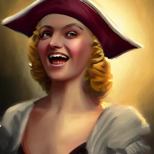 Image similar to laughing, teasing, beautiful, intelligent, blonde female pirate captain 2 8 years old, 1 9 3 0 s haircut, fully clothed, wise, beautiful, 1 7 5 0 s oil painting, dramatic lighting, trending on artstation, sharp focus
