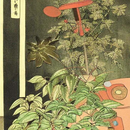 Image similar to Japanese illustration of an Italian coffee maker, surrounded by coffee seeds and plants in a beautiful environment, extreme detail