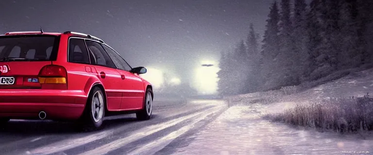 Image similar to Audi A4 B6 Avant (2002), a gritty neo-noir, dramatic bright lighting, cinematic, establishing shot, extremely high detail, photorealistic, cinematic lighting, artstation, by simon stalenhag, Snowy italian road, Alps, At night, Poets of the Fall - Late Goodbye