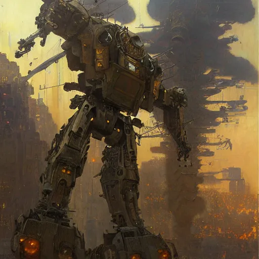 Image similar to six meters tall mech fighting in an urban environment, epic action scene, by gaston bussiere craig mullins jc leyendecker gustav klimt artgerm greg rutkowski john berkey, bergey, craig mullins, ruan jia, raymond swanland, jeremy mann, tom lovell, alex malveda, shadow ray casting, bump mapping