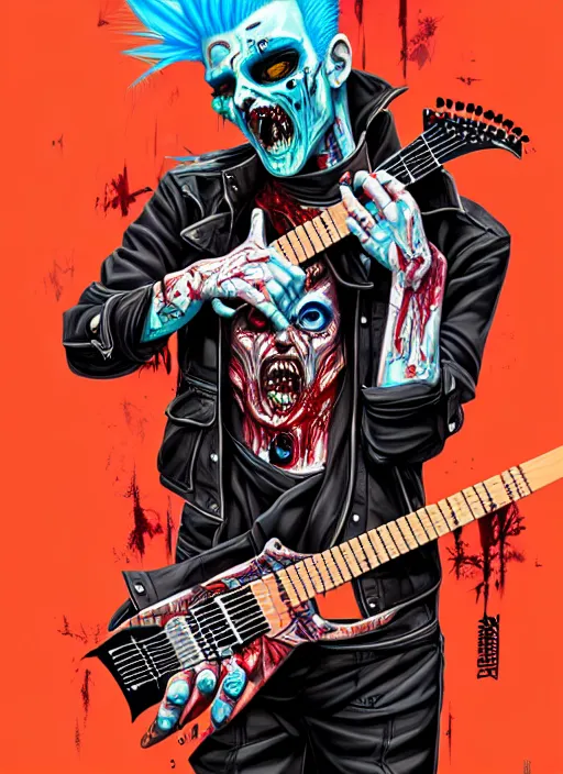 Image similar to a zombie punk rocker with a mohawk playing electric guitar, tristan eaton, victo ngai, artgerm, rhads, ross draws