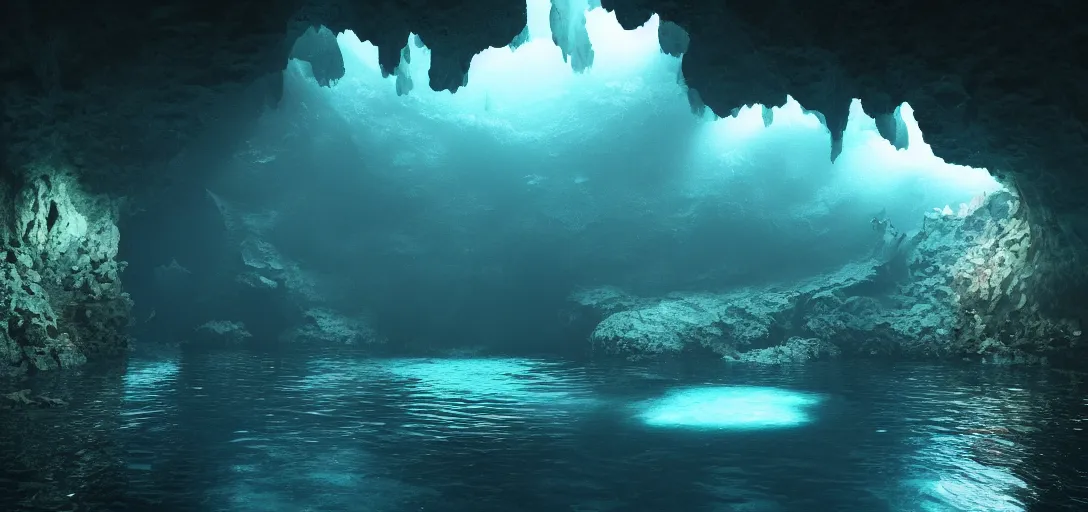 Image similar to beautiful view of an underwater cavern, glowing water with caustics, dark atmosphere, dappled light, reflections, light rays. refraction, symmetry, cinematic lighting, ultra detailed, sharp, ambient occlusion, bloom, raytracing, by dylan cole, sebastian meyer and jordan grimmer