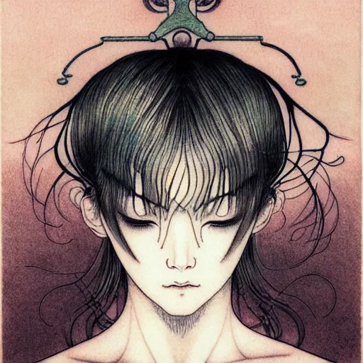 Image similar to prompt: Fragile looking character soft light portrait face drawn by Takato Yamamoto and Katsuhiro Otomo, tattooed face, inspired by Sailor Moon anime, alchemical objects on the side, soft light, intricate detail, intricate gouache painting detail, sharp high detail, manga and anime 2010