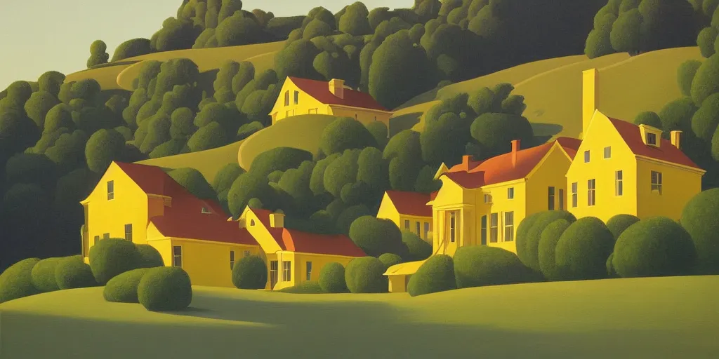 Image similar to a yellow manor on a hill, evening, summer, painting by Kenton Nelson