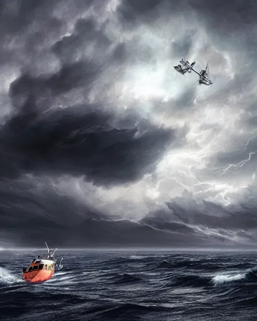 Prompt: establishing shot of a fishing boat on stormy seas, a gigantic star destroyer spaceship emerging from the clouds flying overhead, stormy weather, dramatic lighting, unreal engine, hyper realism, realistic shading, cinematic composition, realistic render, octane render, detailed textures, photorealistic, ultrawide shot, 16mm lens