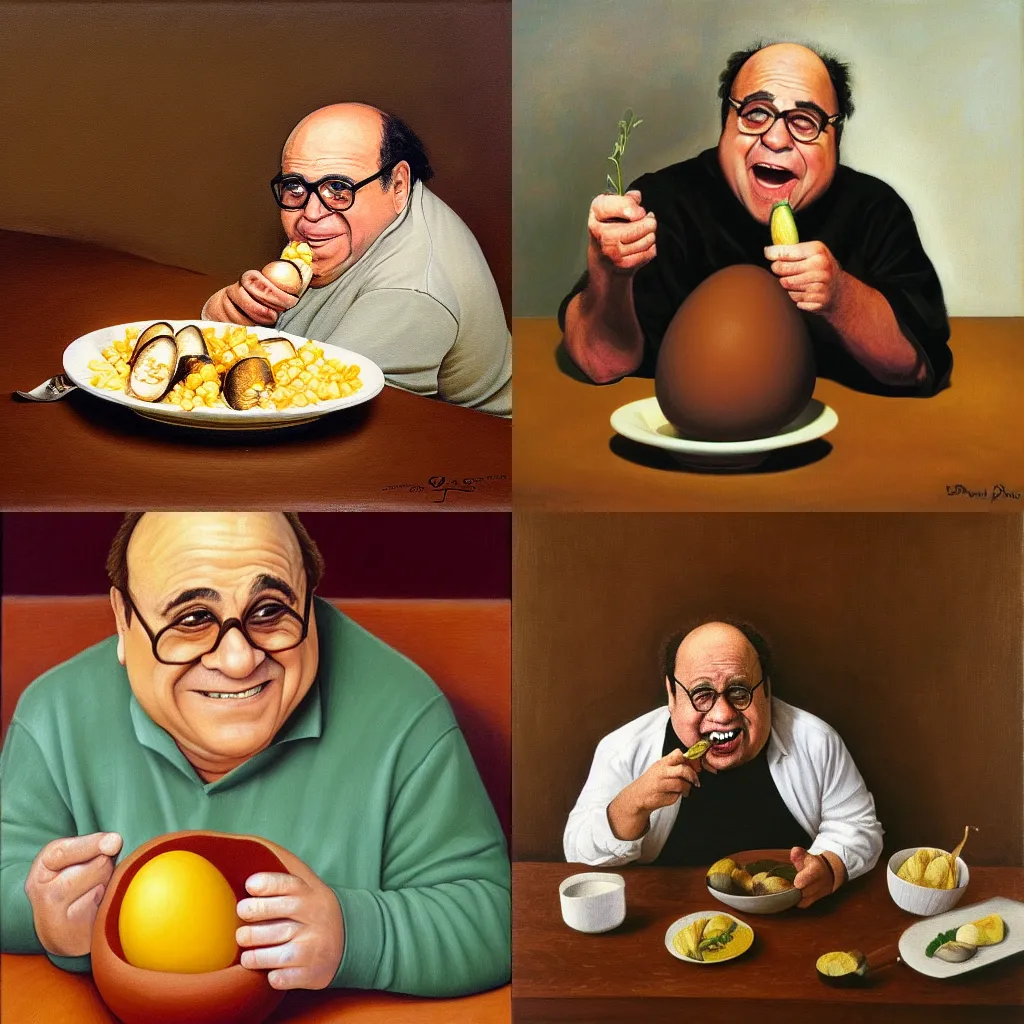 Prompt: danny devito eating a whole egg plant, oil painting, drawn by grant wood, trending on artstation