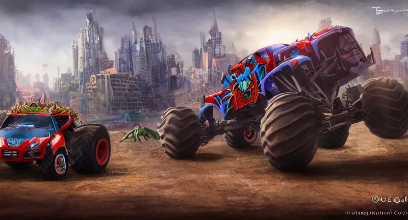 Image similar to a Unicorn monster truck and a Spiderman monster truck in an arena with cheering fans, concept art by Doug Chiang cinematic, realistic painting, high definition, digital art, symmetrical, very detailed, extremely high detail, photo realistic, concept art, unreal engine 5,