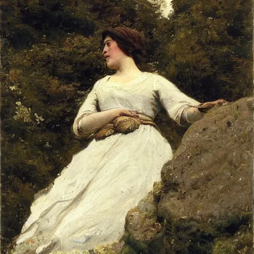 Prompt: a young woman climbing a mountain, by alfred stevens