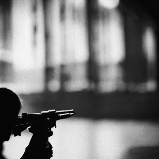 Image similar to An atmospheric close up photo of A man sticking a gun in the camera, bokeh, hard grain film, masterpiece