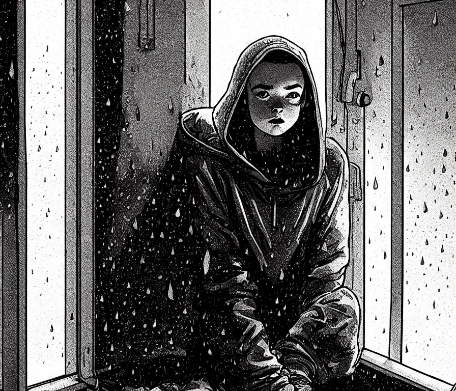 Image similar to sadie sink in hoodie sits on windowsill, knees tucked in | rain falls at night : storyboard, scifi cyberpunk. by gabriel hardman, chris bonura, joe alves. cinematic atmosphere, detailed and intricate, perfect anatomy