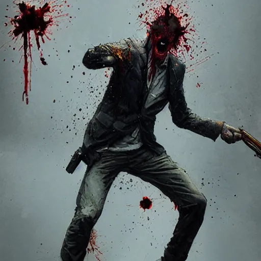 Image similar to a men shooting at a zombie the zombie head exploded because of the bullet by greg rutkowski