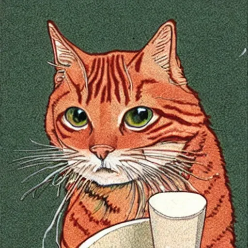 Image similar to a red tabby cat smoking a cigarette, drawn by Moebius