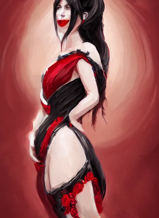 Prompt: a highly detailed illustration of elegant beautiful long black hair white woman wearing a red and black dress, dramatic smile pose, perfect face, intricate, elegant, highly detailed, centered, digital painting, artstation, concept art, smooth, sharp focus, league of legends concept art, WLOP