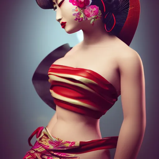Image similar to pinup geisha, full body, goddess, cinematic lighting, beautiful face, horror, ultra detail, ultra realistic, photo realistic, octane render,