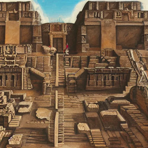 Image similar to mayan influenced architecural painting of a hidden city with a large statue in the middle of a courtyard, artstation, highly detailed,