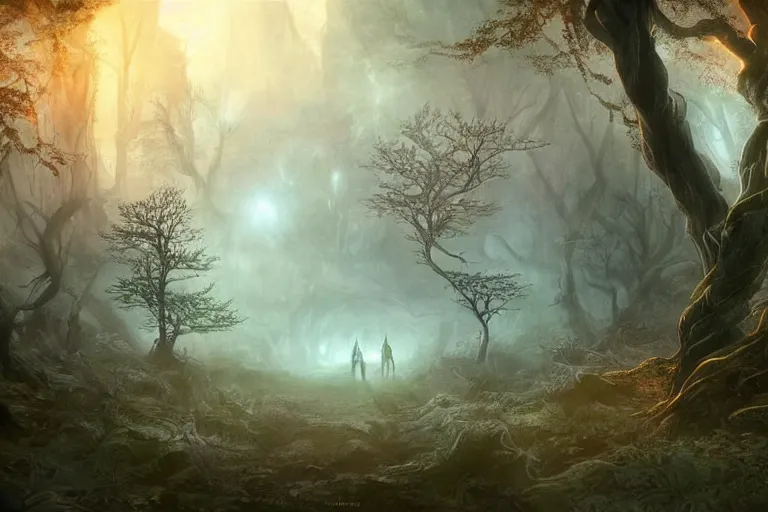 Image similar to an old elven wood, a view to an eerie fantasy world, portal to new york city in the center, ethereal back light, mist, coherent composition, detailed fantasy painting by yuumei