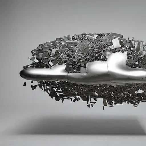 Prompt: an abstract object floating in space made out of porsche parts on a light grey background erwin wurm