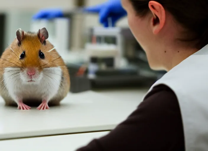 Image similar to film still of a hamster working in a research lab finding the cure for cancer, 8 k