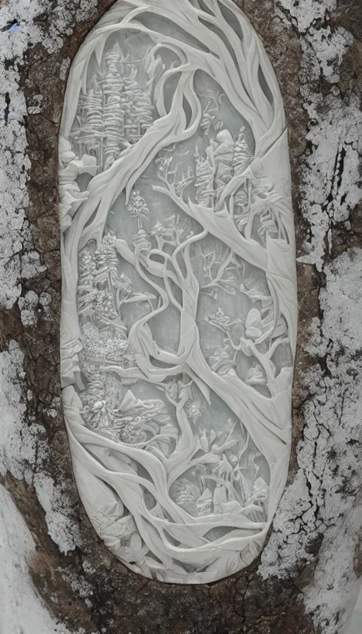 Image similar to the utopia portal highly detailed carving on southern ice porcelain, partially faded crystallized, roots, woodfired, art gallery