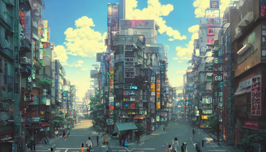 Prompt: A highly detailed matte painting of a tokyo street with a bright shimmering sky by Studio Ghibli, Mokoto Shinkai, by Artgerm, by beeple, volumetric lighting, octane render, 4K resolution, trending on artstation, vivid colours