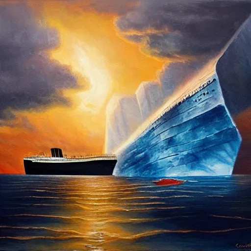 Prompt: Titanic being struck by an iceberg, dramatic lighting, oil painting by Claude