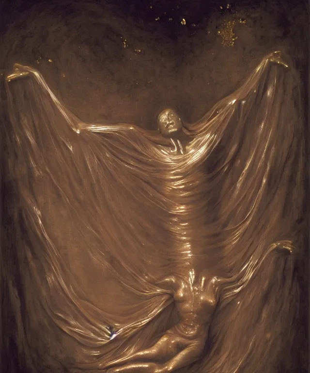 Image similar to Beautiful full-body wax sculpture of glowing transparent woman in glowing cloth with visible gold bones covered with melted white wax inside the singularity where stars becoming baroque folds of dark matter by Michelangelo da Caravaggio, Nicola Samori, William Blake, Alex Grey and Beksinski, dramatic volumetric lighting, highly detailed oil painting, 8k, masterpiece