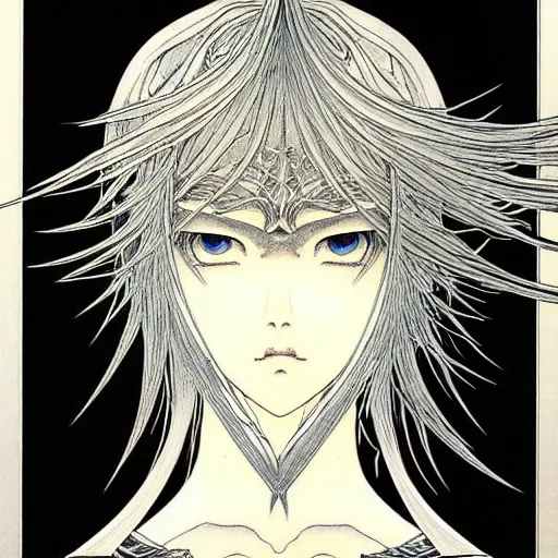 Image similar to prompt: Fragile looking vessel portrait soft light drawn by Takato Yamamoto, inspired by Fables, black ancient chrome knight armor, magical and alchemical weapons, soft light, white background, intricate detail, intricate oil painting detail, sharp high detail, manga and anime 2000