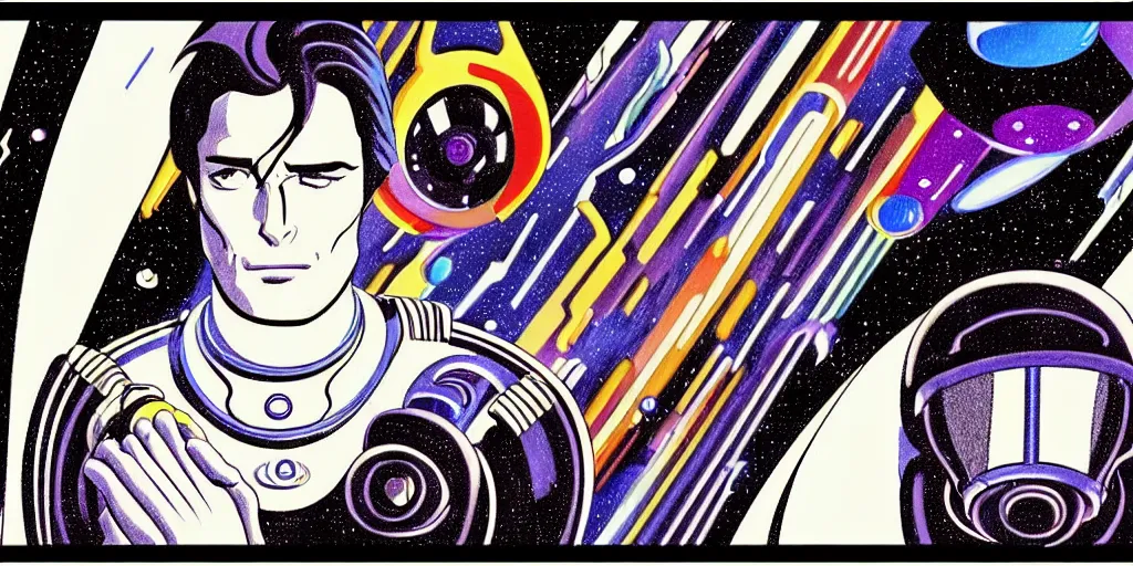 Image similar to traditional drawn colorful animation a symmetrical portrait of lonely single Alain Delon Stallone Clint Eastwood alone pilot in posing in spaceship station planet captain bridge outer worlds robots extraterrestrial hyper contrast well drawn in Jean Henri Gaston Giraud animation film The Masters of Time FANTASTIC PLANET La planète sauvage animation by René Laloux