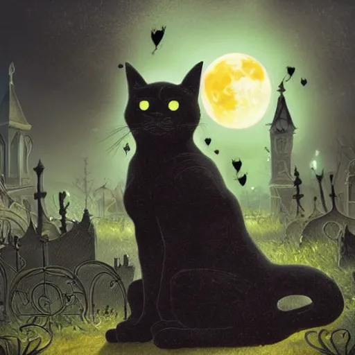 Image similar to an ultra detailed animation of a black cat in a graveyard at midnight on halloween tattoo, digital art, dark fantasy, concept art, soulslike, by alphonse mucha, blood moon eclipse, ruined building in the background, artstation, 8 k, unreal engine render