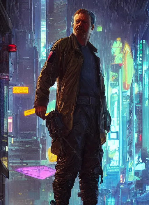 Prompt: Modern Teddy Roosevelt. Cyberpunk merc in tactical gear. plastic raincoat. blade runner 2049 concept painting. Epic painting by James Gurney, Azamat Khairov, and Alphonso Mucha. ArtstationHQ. painting with Vivid color. (rb6s, Cyberpunk 2077)