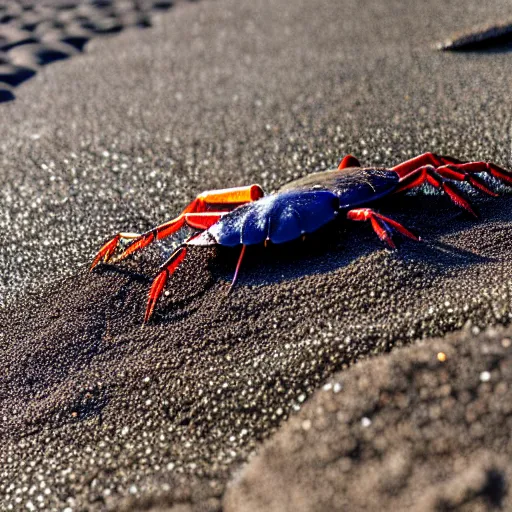 Prompt: crustacean on black sand beach