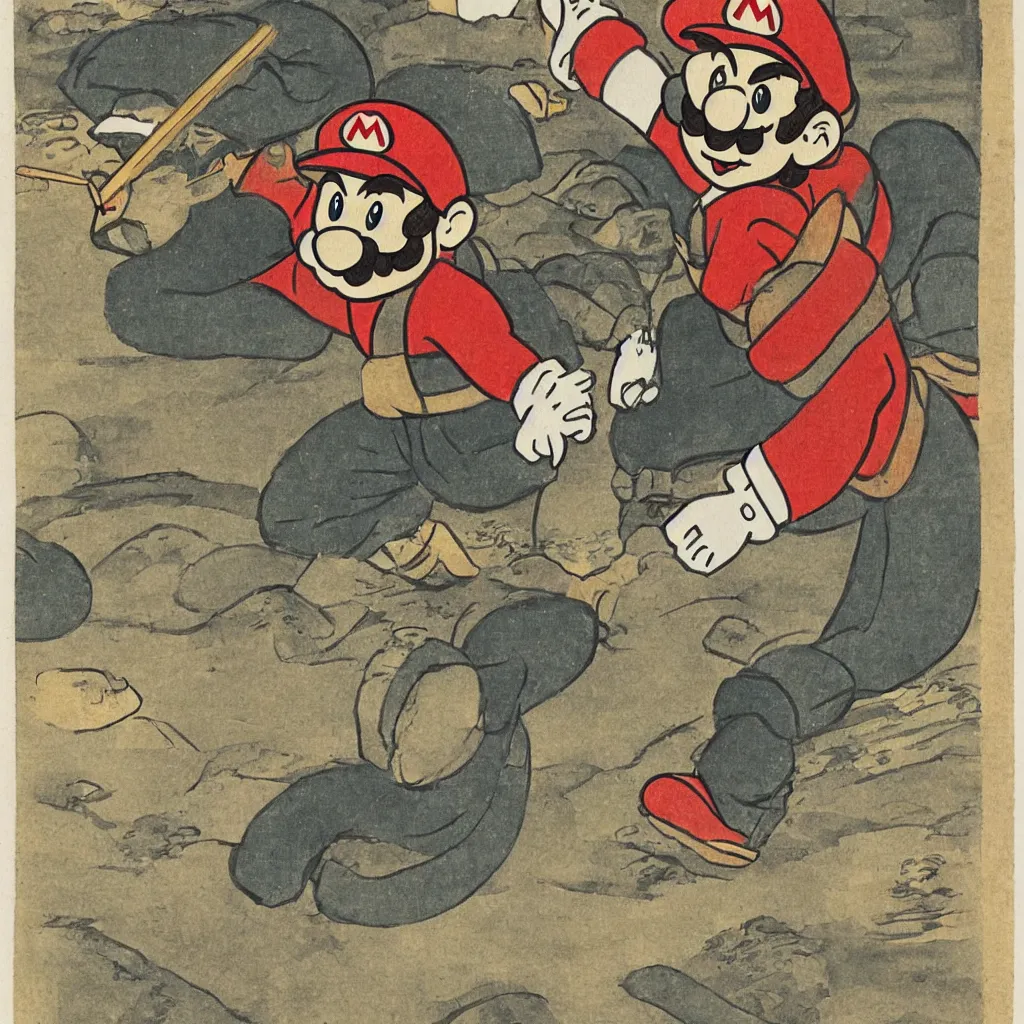 Image similar to Mario depicted as an Edo-era illustration