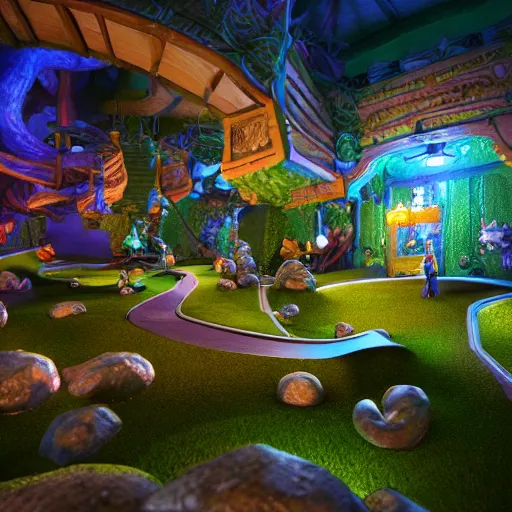 Prompt: magical mini putt course, hyper realistic, ambient lighting, concept art, intricate, hyper detailed, smooth, dynamic volumetric lighting, octane, raytrace, cinematic, high quality, high resolution, 4 k, cgsociety, rutkowski, gurney