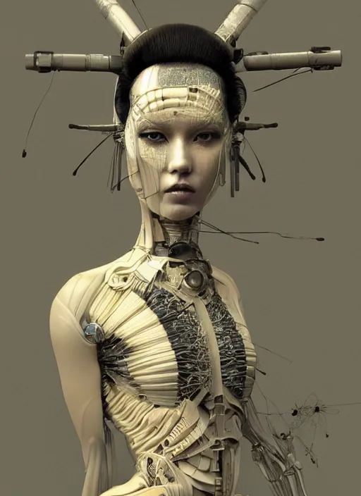 Image similar to portrait of a futuristic geisha cyborg, made from million point clouds, in the style of ghost in the shell, kintsugi, modern fine art, fractal, intricate, elegant, highly detailed, digital photography, subsurface scattering, by jheronimus bosch and he giger and greg rutkowski,