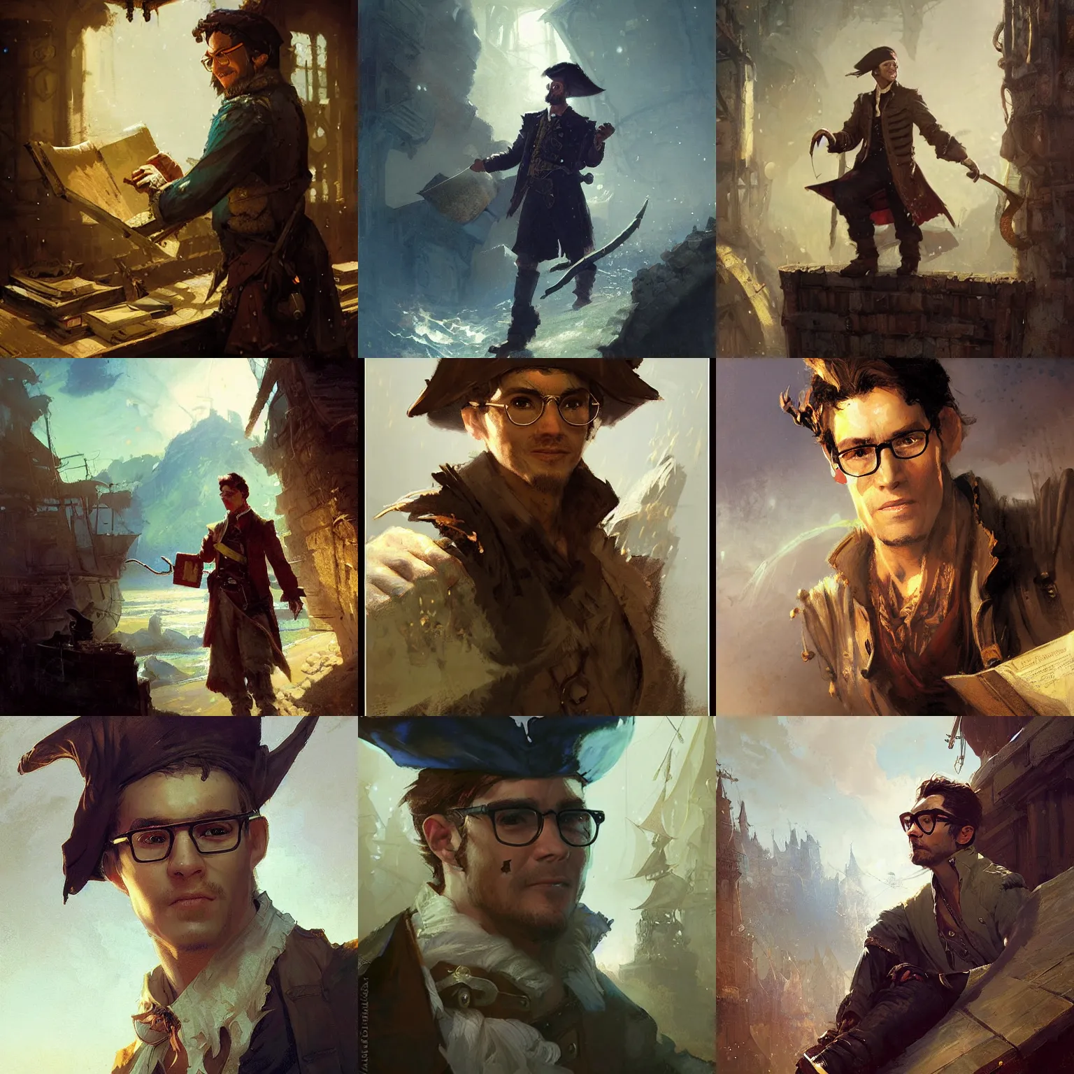 Prompt: a young pirate bookkeeper man with spectacles, fantasy character portrait by Greg Rutkowski, Craig Mullins, Gaston Bussiere