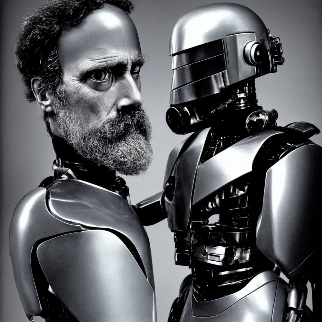 Prompt: An Alec Soth portrait photo of Robocop without a helmet on