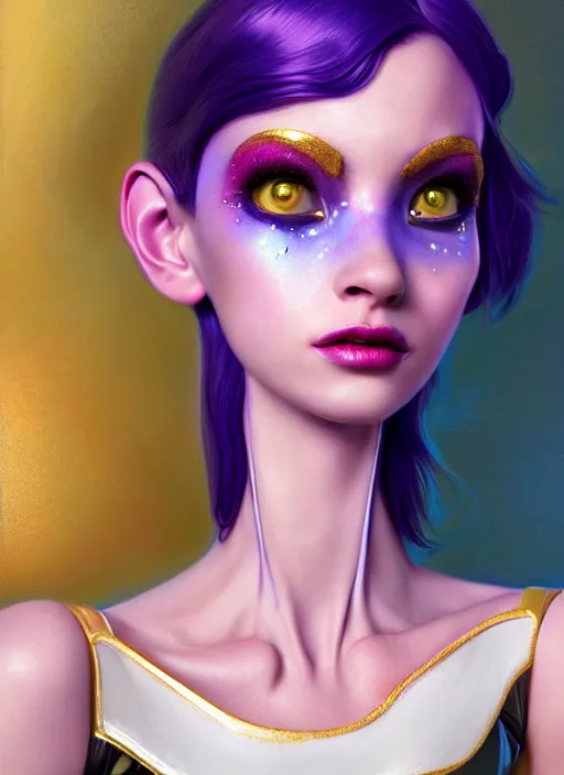 Image similar to pixar portrait 8 k photo, beautiful shiny white rich galactic prima ballerina clowncore russian cyborg college girl, golden ratio details, sci - fi, fantasy, cyberpunk, intricate, decadent, highly detailed, digital painting, ever after high, octane render, artstation, concept art, smooth, sharp focus, illustration, art by artgerm, loish, wlop