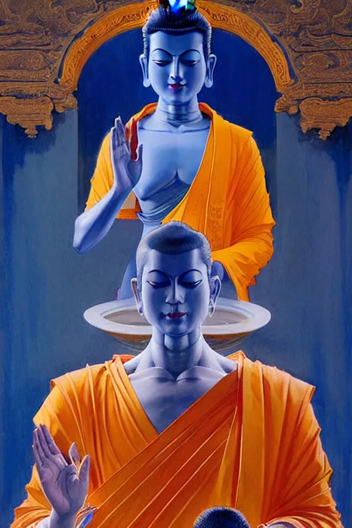 Image similar to buddhism, temple, blue clothes, painting by greg rutkowski, j. c. leyendecker, artgerm