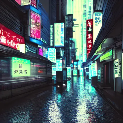 Image similar to cyberpunk Tokyo rainy street, bright neon lights, photorealistic