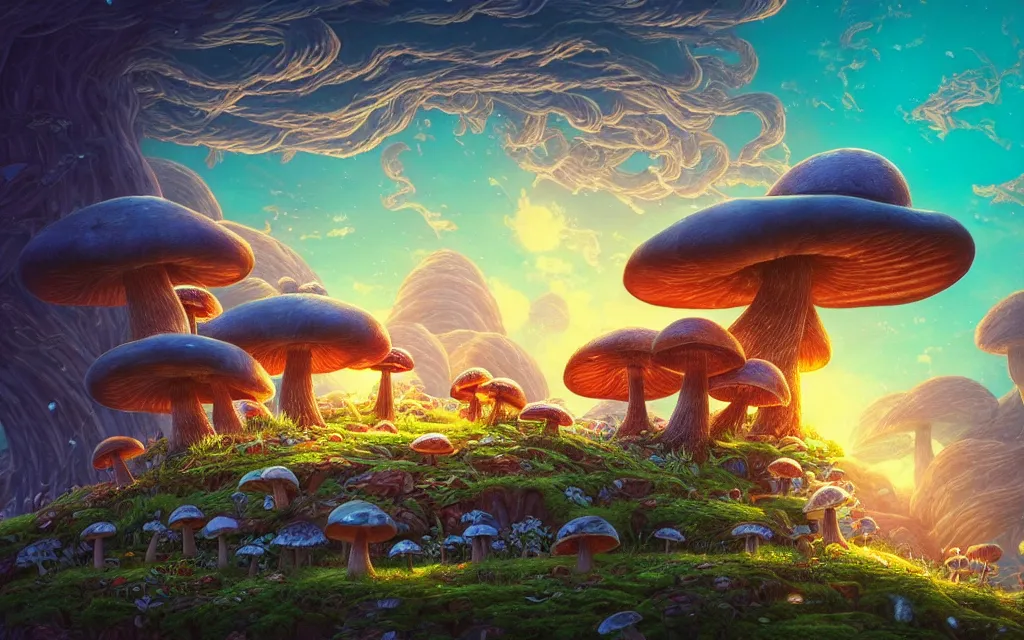 Image similar to the mushroom story house tells the tale of an epic journey, a journey into the mind of the creator. the mushrooms grow on a mountain that is home to lost time. by dan mumford, yusuke murata, makoto shinkai, ross tran, cosmic, heavenly, god rays, intricate detail, cinematic, cel shaded, unreal engine, featured on artstation, pixiv