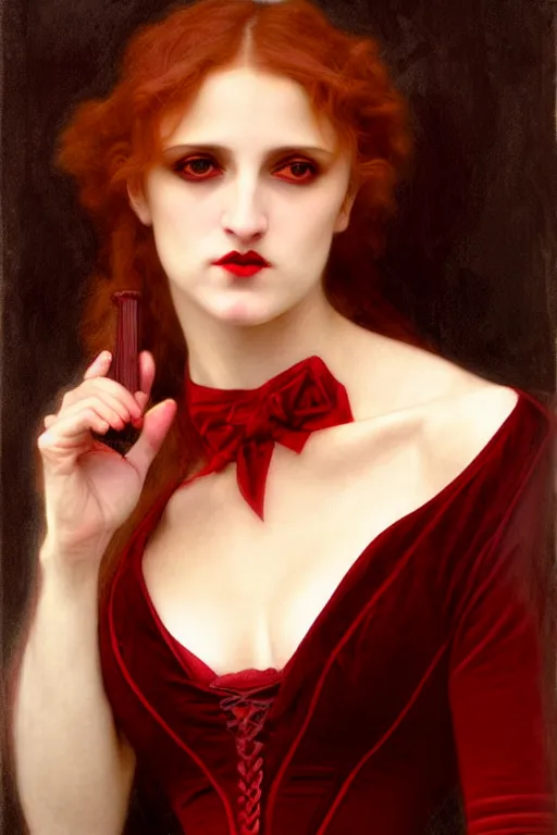 Image similar to victorian vampire in red velvet, painting by rossetti bouguereau, detailed art, artstation